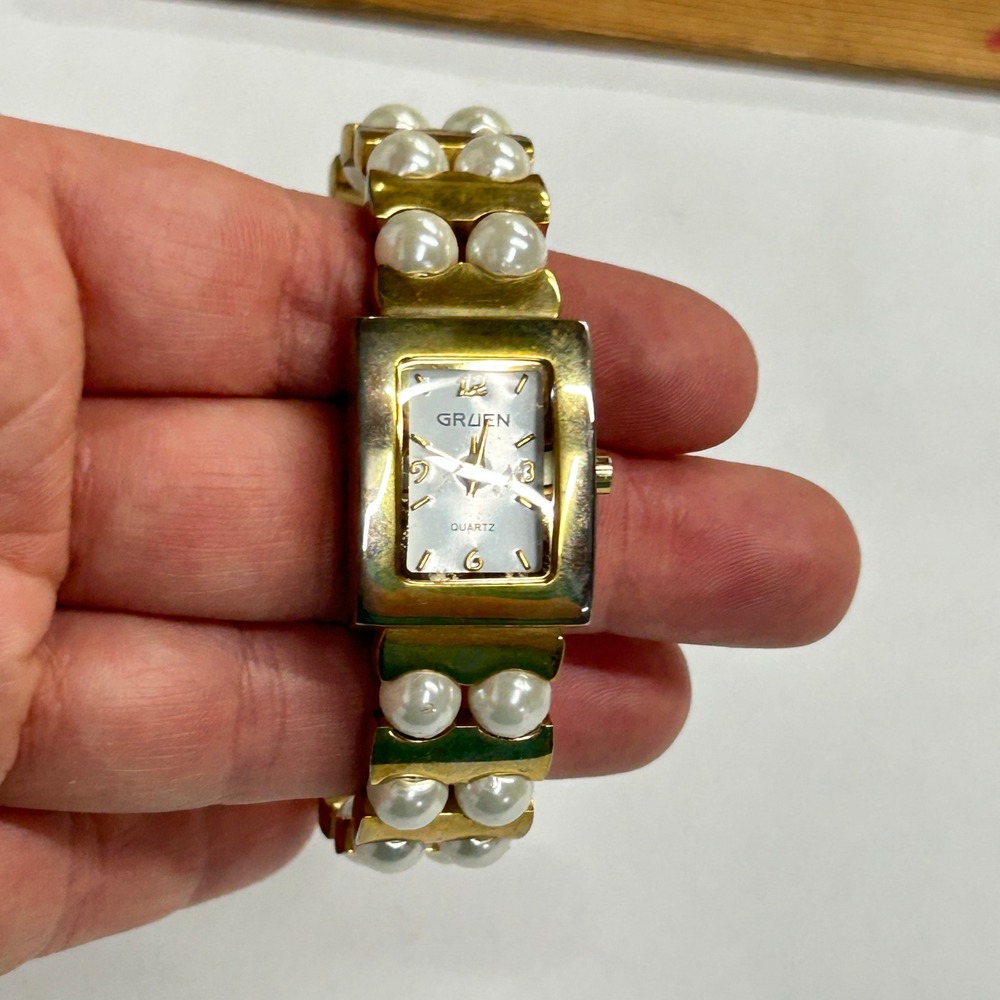 Gruen Coquette Cuff Watch Faux Pearl‎ Gold Tone Vintage Regencycore Old Money